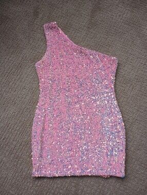 VELVI one shoulder sequin pink mini dress XL